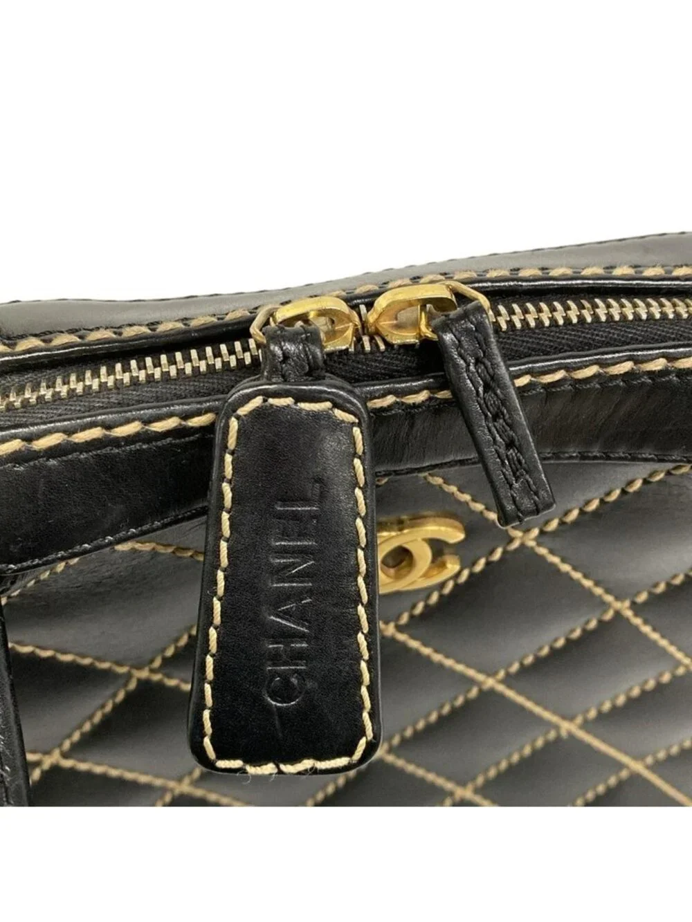 Chanel Handbag Wild Stitch Black Matte Gold Leather
